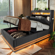 Letto singolo imbottito 90x200 cm con testiera contenitore, LED, prese USB e Type-C, struttura salvaspazio, grigio, senza materasso