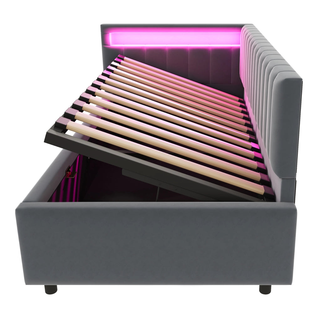 Divano letto imbottito 90x200 cm in velluto grigio con LED e contenitore idraulico