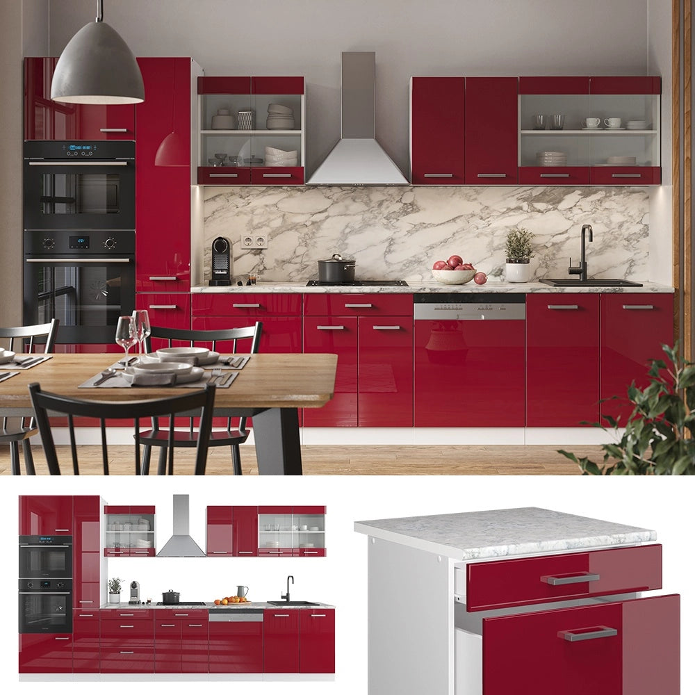 Mobile da cucina R-Line Rosso lucido/Bianco 350 cm con armadio alto, PL Rovere Vicco
