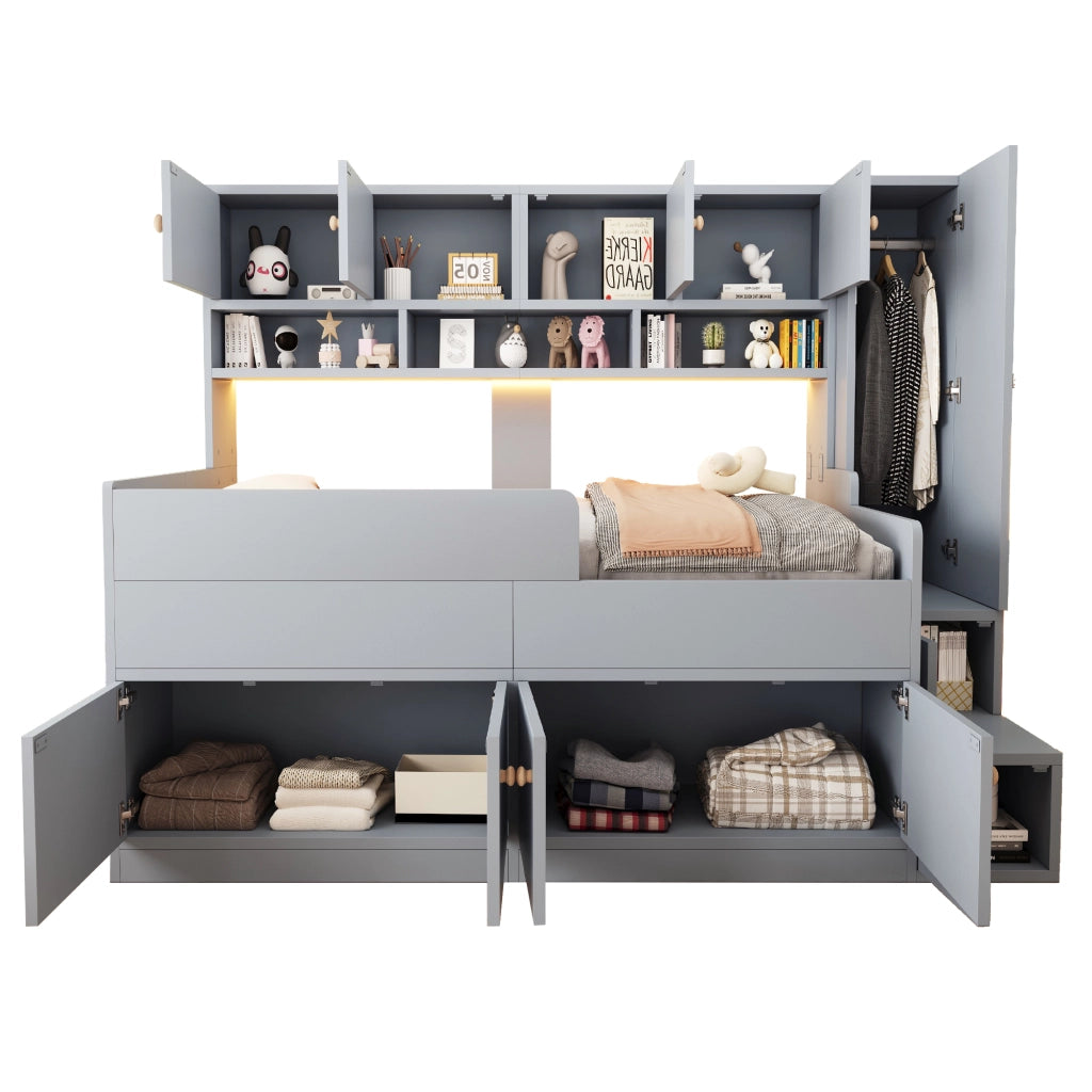 Letto a soppalco 90x200 cm con armadio; ripiani; scala; LED e parapetto di sicurezza; legno grigio