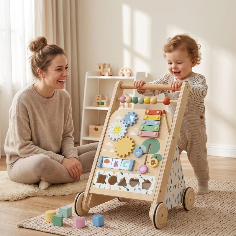 Girello in legno con ruote, velocit¨¤ regolabile e blocchi da costruzione per bambini dai 18 mesi in su.