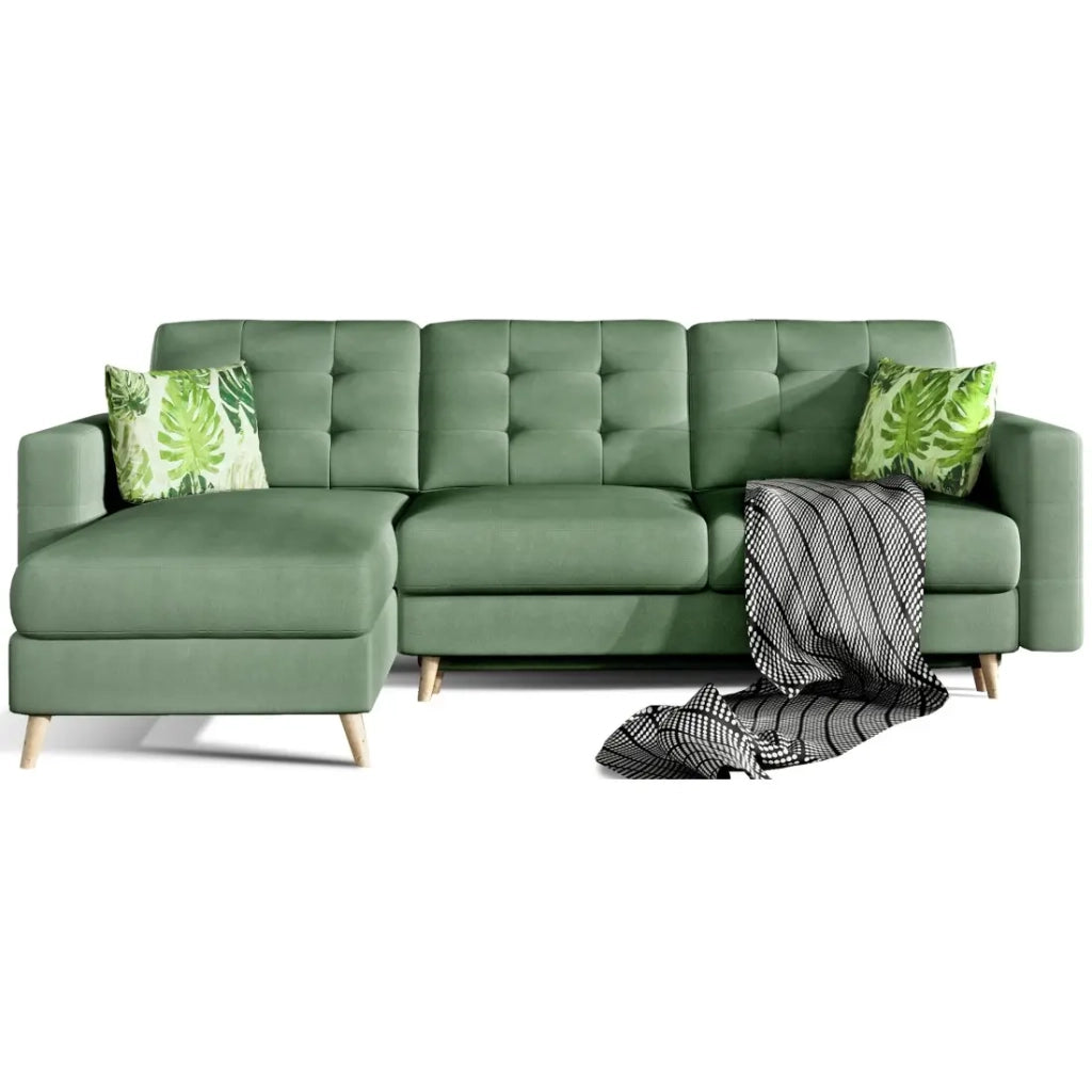 Divano angolare convertibile HASGARD 3 posti verde 248x162 cm - con vano contenitore e piedi in legno
