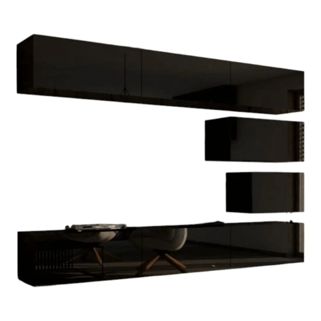 Set di mobili da soggiorno neri sospesi collezione CEPTO XVI 249cm, 8 pezzi, modulari.