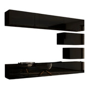 Set di mobili da soggiorno neri sospesi collezione CEPTO XVI 249cm, 8 pezzi, modulari.