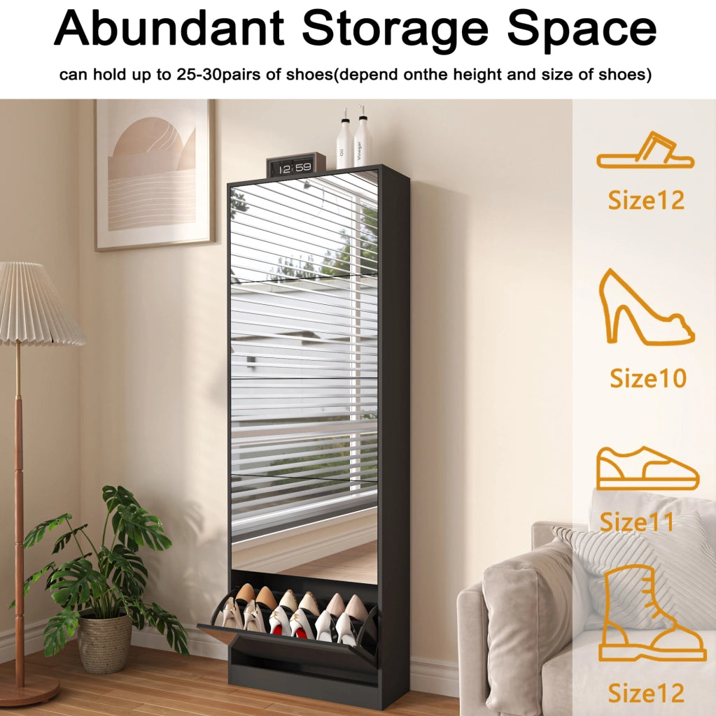 Scarpiera slim con specchio 5 ante a ribalta doppio ripiano in MDF nera 63×23;6×185 cm
