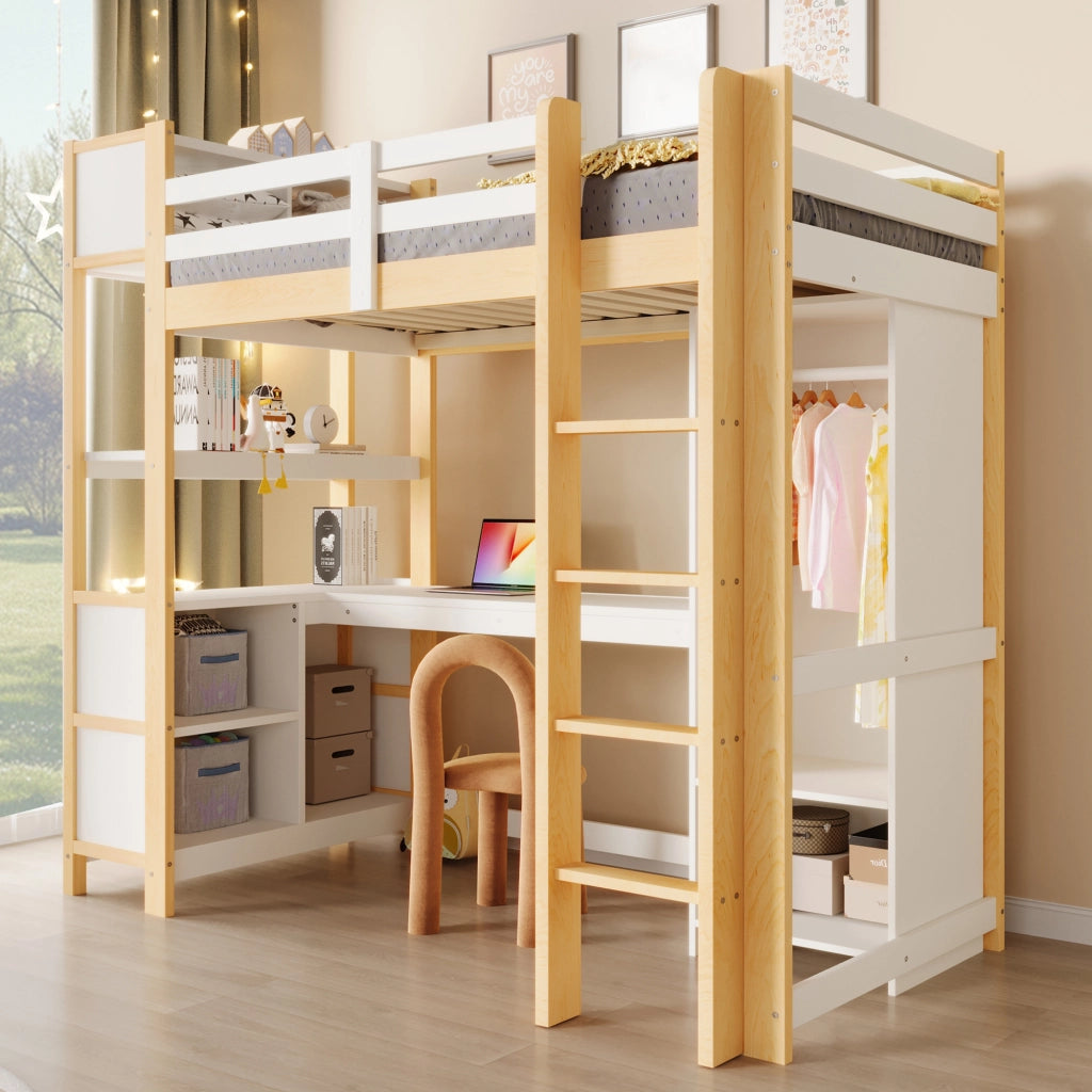 Letto a soppalco 90 × 200 cm con scrivania, scaffali e armadio, senza materasso, in pino, naturale