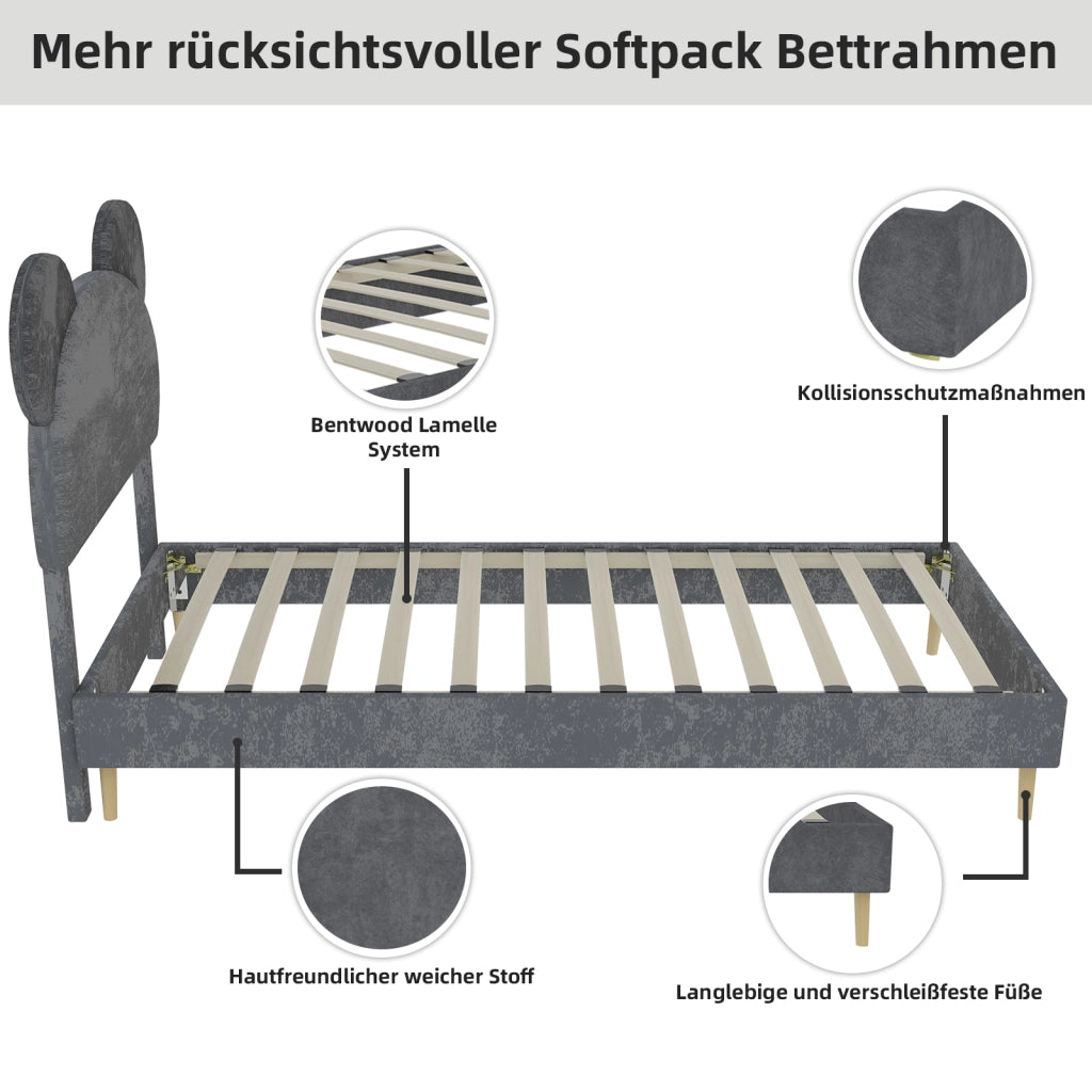 Letto Singolo 90x200 cm; Contenitore con Testiera Sagomata; in Tessuto e Metallo; Grigio