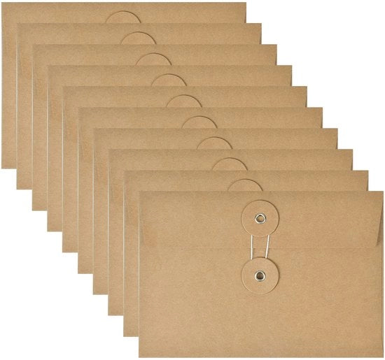 Pacchetto con 10 borse documentali, fogli di carta kraft, buste cartone documenti, cartellino marrone con chiusura a sigillo, busta kraft piccola per ufficio, scuola, casa, fatture, ricevute, cartoline, 11,4 x 17 cm.