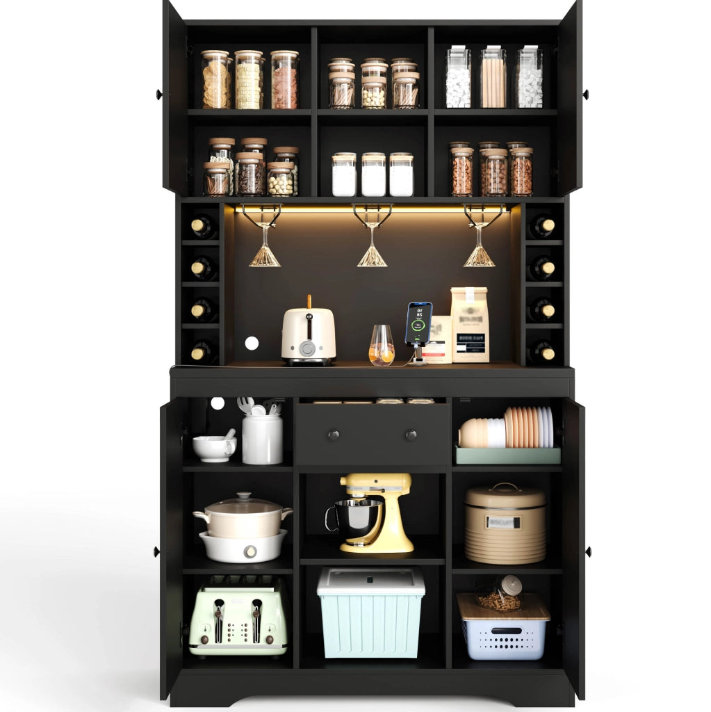 Buffet da cucina alto 180x105x40 cm nero in truciolare con LED; prese e portabicchieri