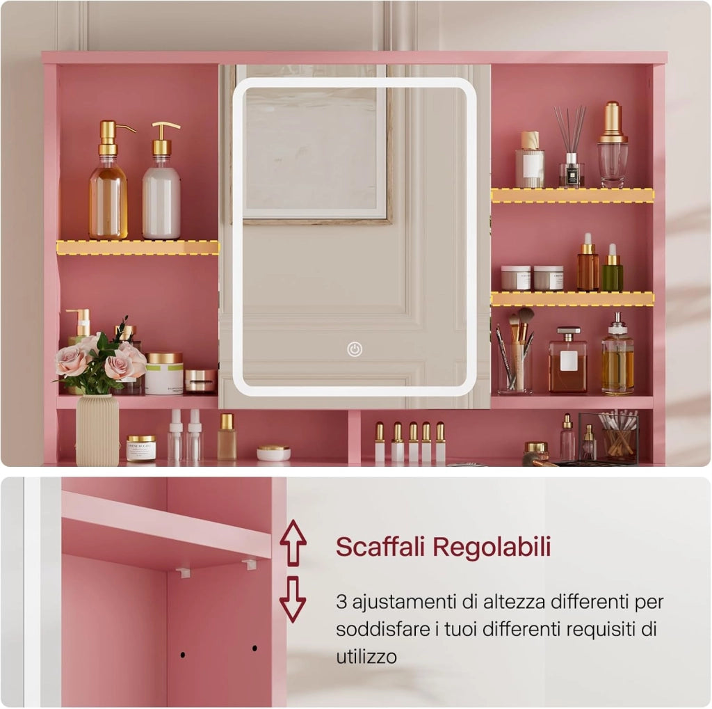 Toeletta da Trucco con Luci LED,Tavolo da Trucco con Sgabello, Postazione Trucco con Specchio,Scomparti Aperti, Ripiani Regolabili,Moderno,per Camera da Letto,Rosa