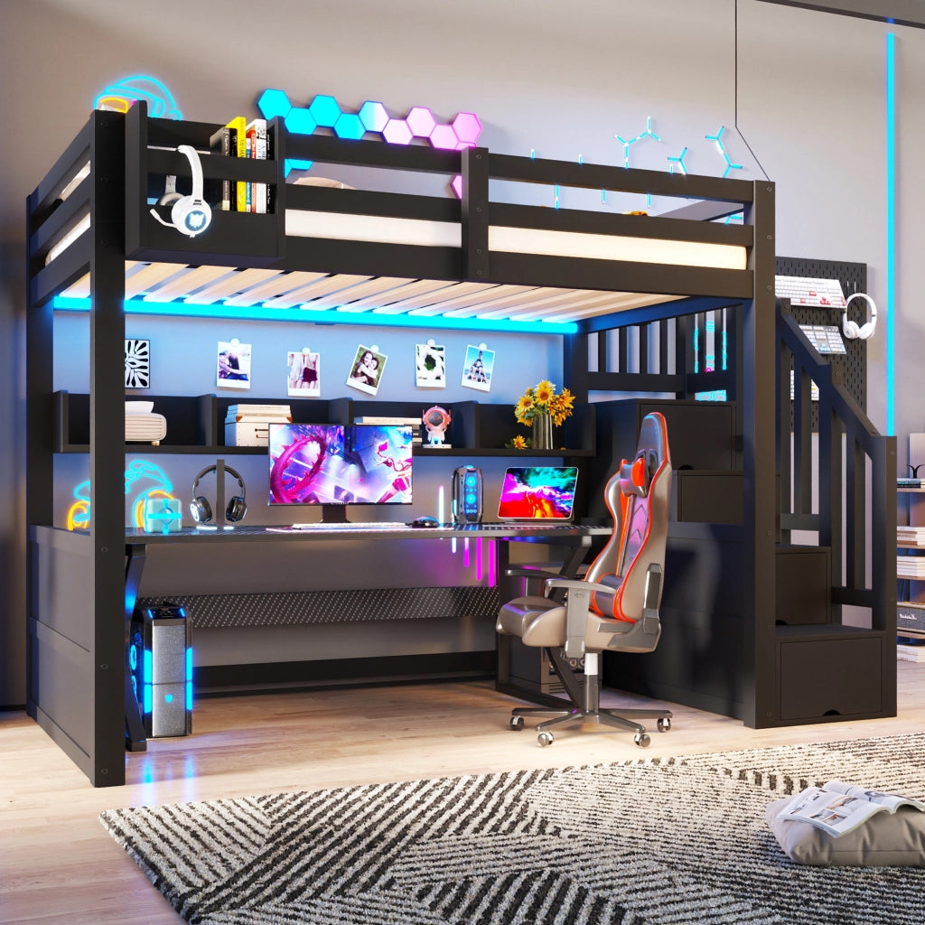 Letto a soppalco 90x200 cm con armadio; scala contenitore; 4 vani e illuminazione LED; pino e MDF; nero