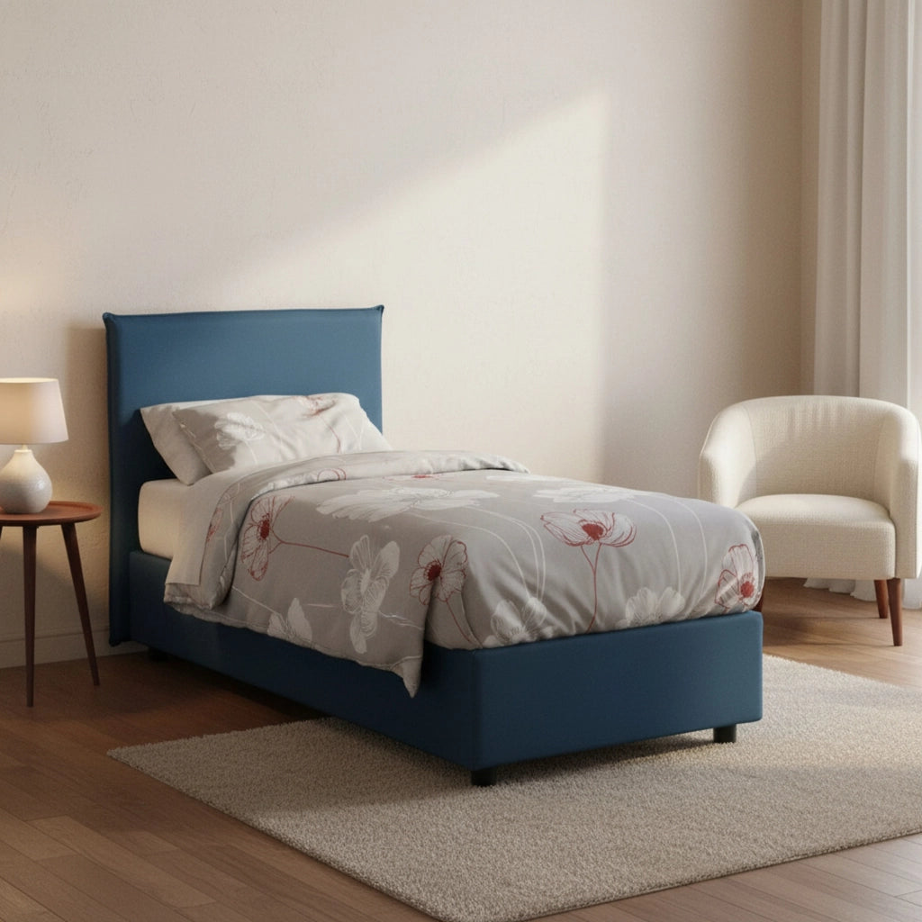Letto singolo Ajan, Letto contenitore con rivestimento in tessuto, Made in Italy, Apertura frontale, adatto per materasso cm 90x190, Blu