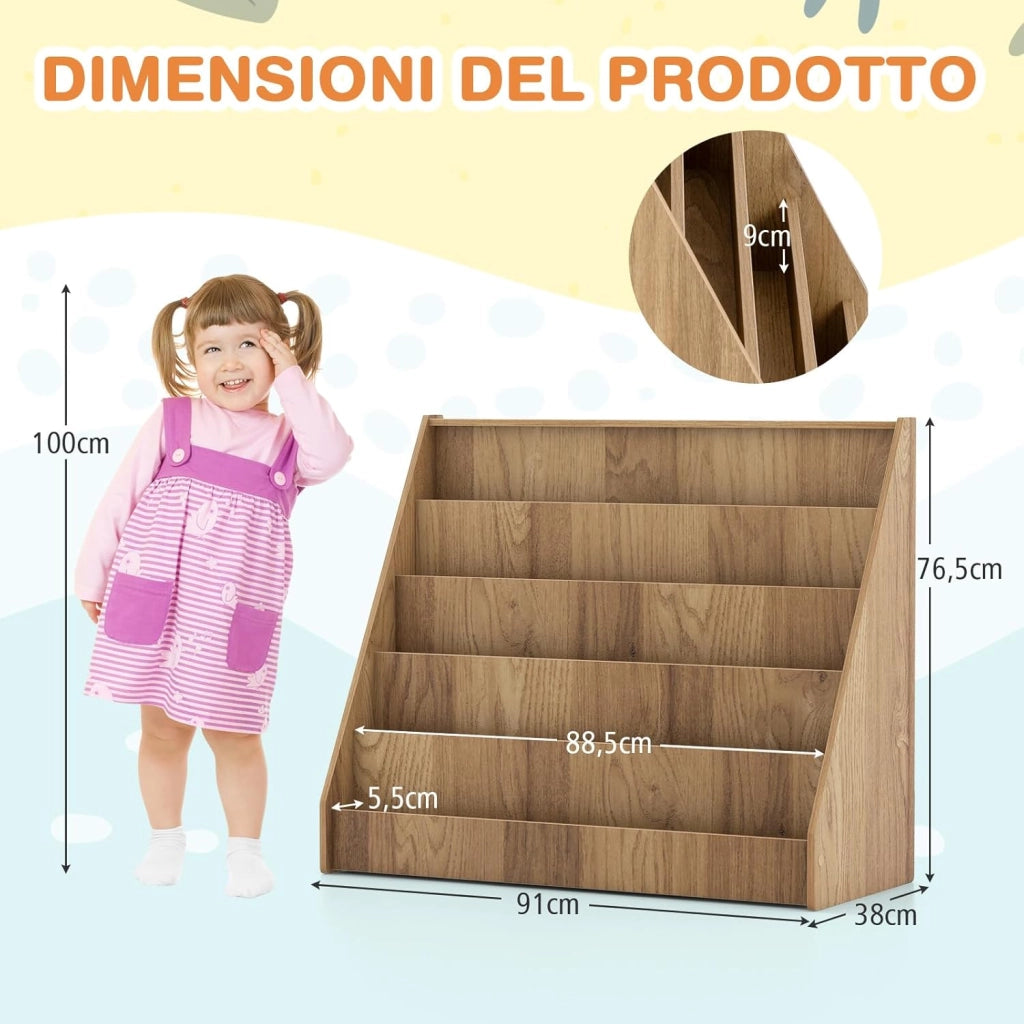 Libreria Montessoriana per Bambini a 5 Livelli, Scaffali Espositivi con Spazio Nascosto sul Retro e Antiribaltamento, per Cameretta, Soggiorno e Asilo Nido, 91 x 38 x 76,5 cm (Naturale)