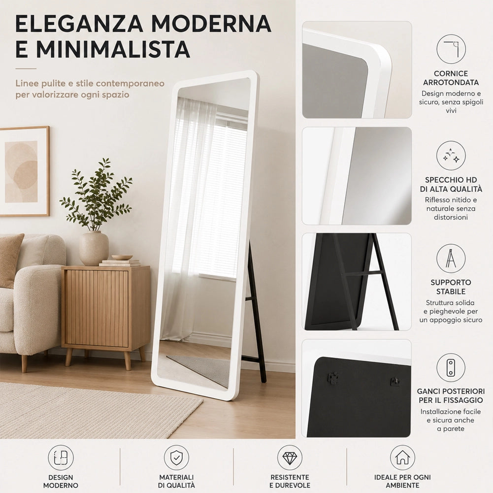 Specchio Doppia Installazione Bianco Parete o Indipendente Moderno 160x50 cm