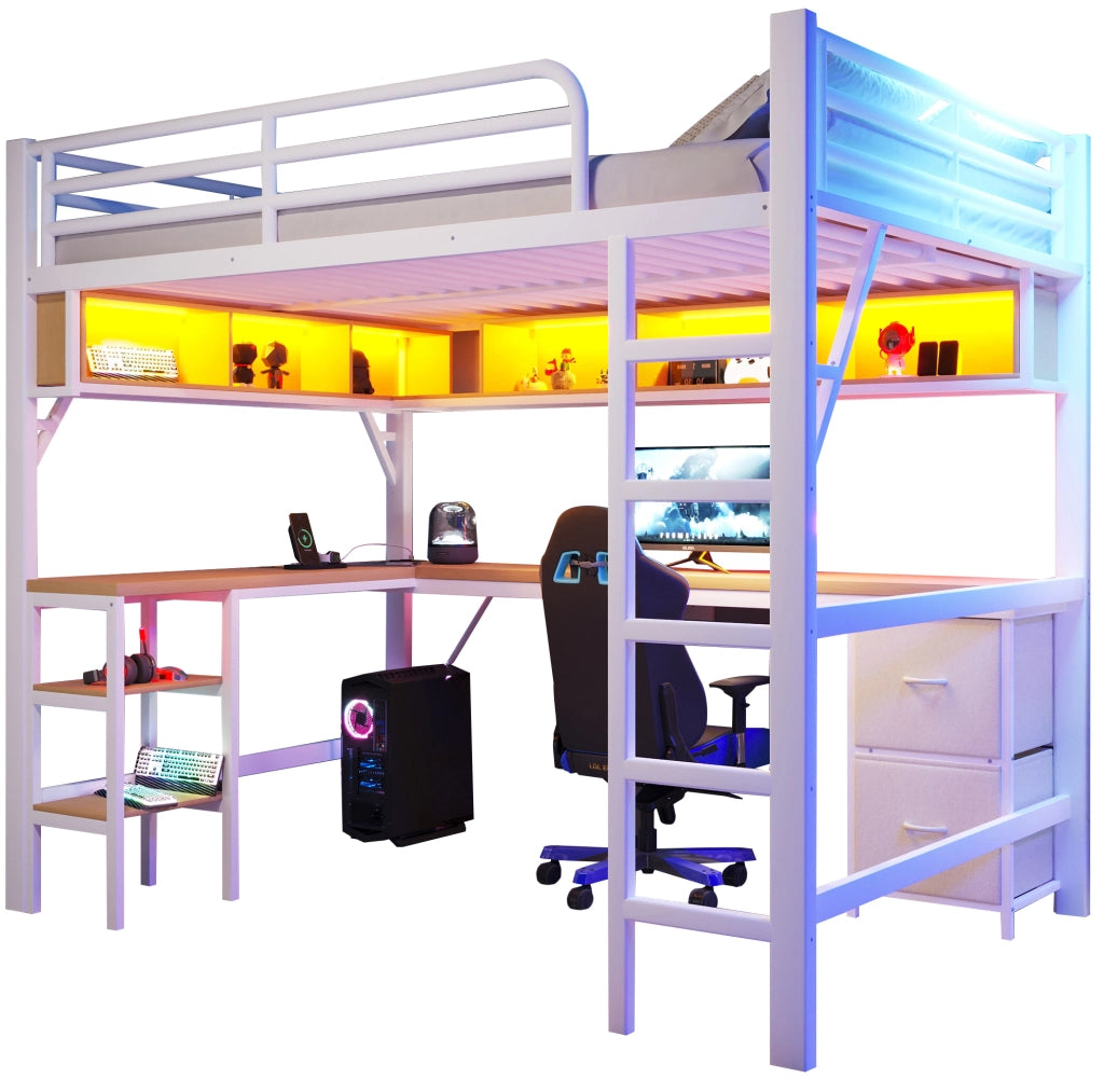 Letto a soppalco 140x200 cm con scrivania, LED e USB, bianco