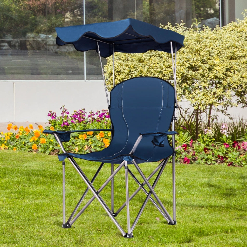 Sedia da campeggio pieghevole con parasole-supporto reclinabile 120kg-Sedia da spiaggia portatile con portabicchieri-blu