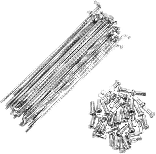 Spaken in Koolstofstaal 14G 145MM - Set di 36 pezzi - Tono Argento - Flessi per Bicicletta con Spillo in Carbonio