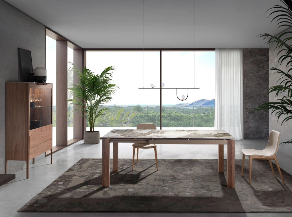 Credenza alta in noce con piano in vetro finto marmo e illuminazione interna