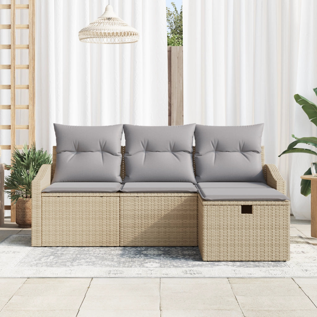 Set Divano da Giardino 4 Pezzi con Cuscini Beige in Rattan Poliestere