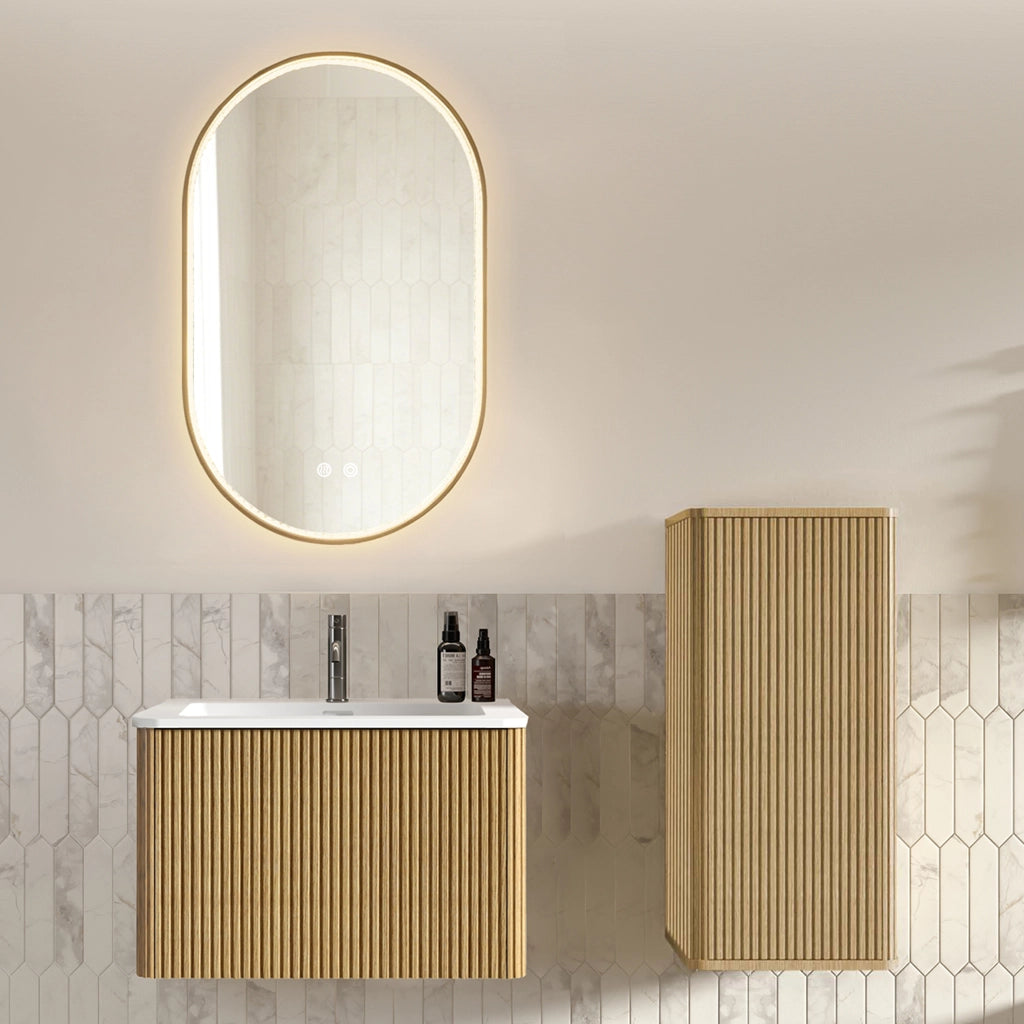 Mobile bagno sospeso con lavabo; colonna e specchio con LED e funzione antiappannamento per bagno; in MDF rovere
