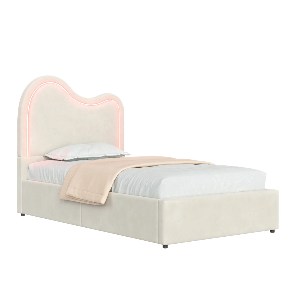 Letto singolo imbottito per bambini 90x200 cm con vano contenitore; velluto beige