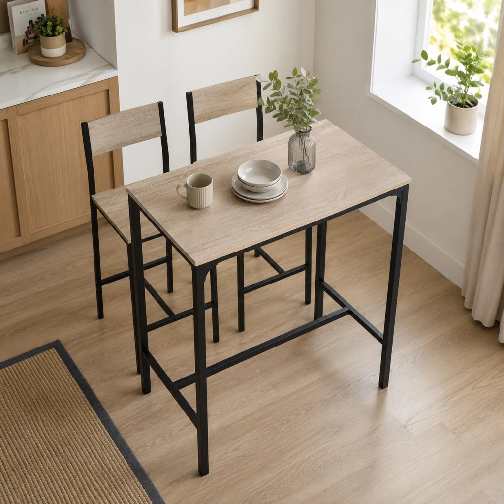 Set tavolo bar con 2 sgabelli; struttura stabile; facile da pulire; MDF; naturale