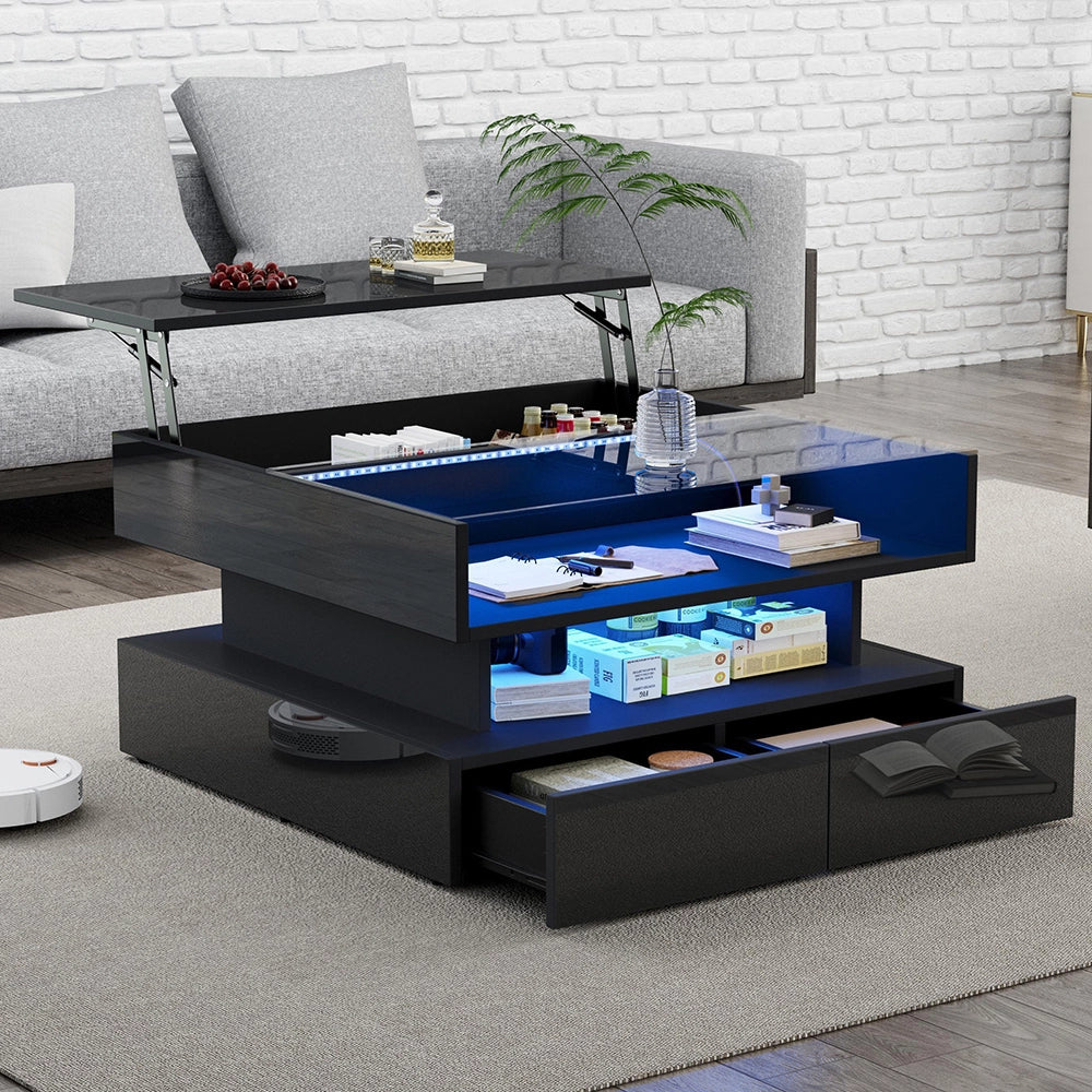 Tavolino regolabile - Xylo - 80x80cm vetro temperato 2 cassetti LED nero