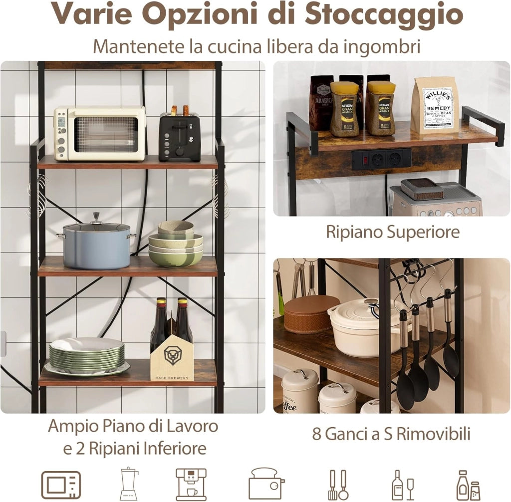 Scaffale da Cucina con Multipresa, Scaffale per Microonde su 4 Ripiani, Mensola da Cucina Struttura in Metallo con 8 Ganci, per Sala Pranzo e Pannettiera, 59 x 34 x 136 cm, Marrone Vintage