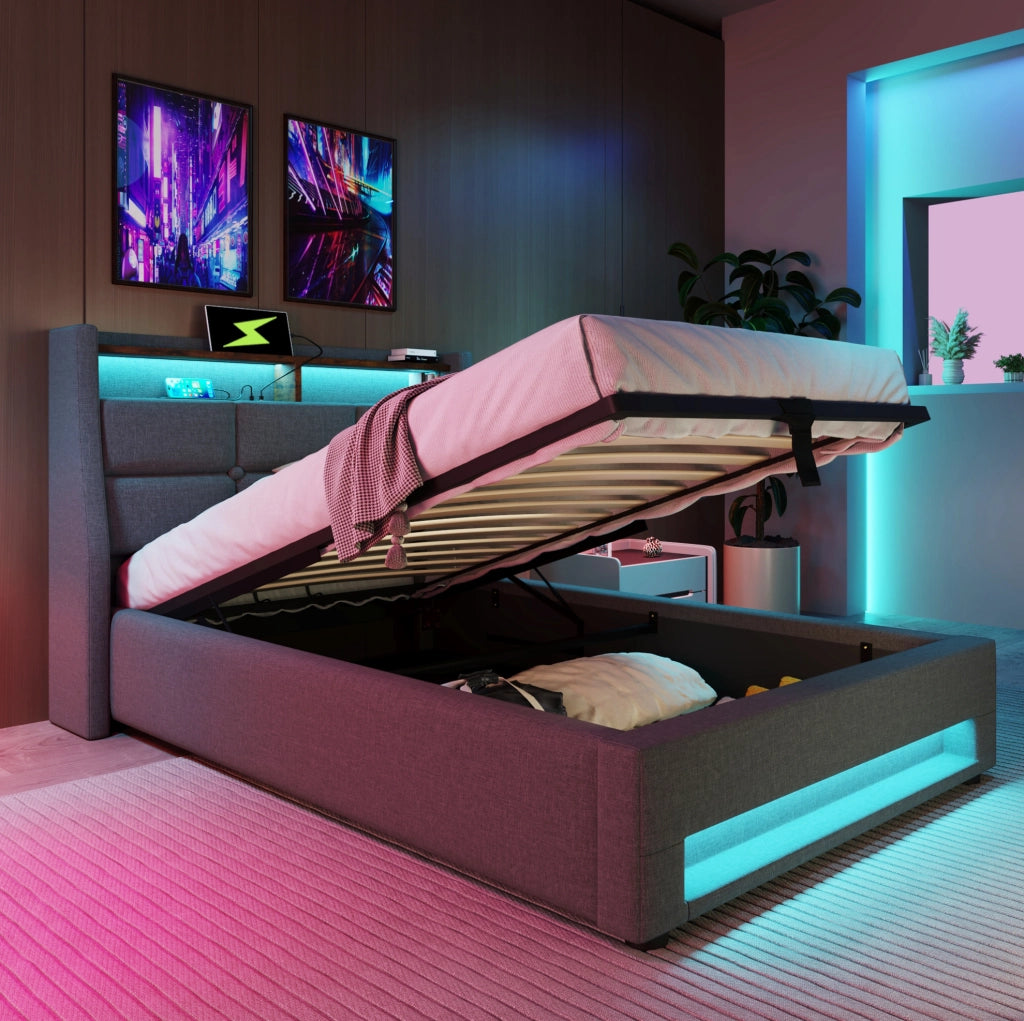 Letto imbottito 90x200 cm con LED e USB; lino grigio (Senza materasso)