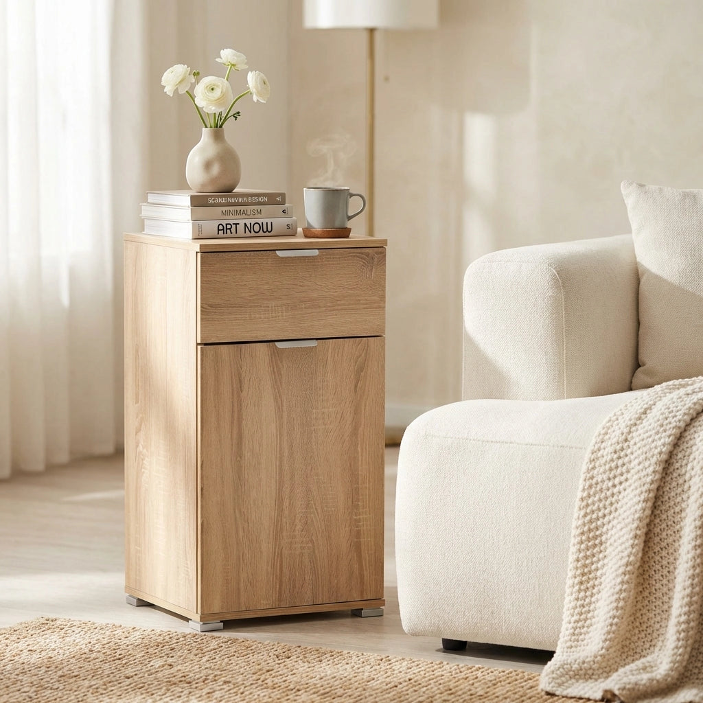 Armadietto da Bagno un anta e un cassetto in Legno Composito cm 45x38x85 - KOLBY