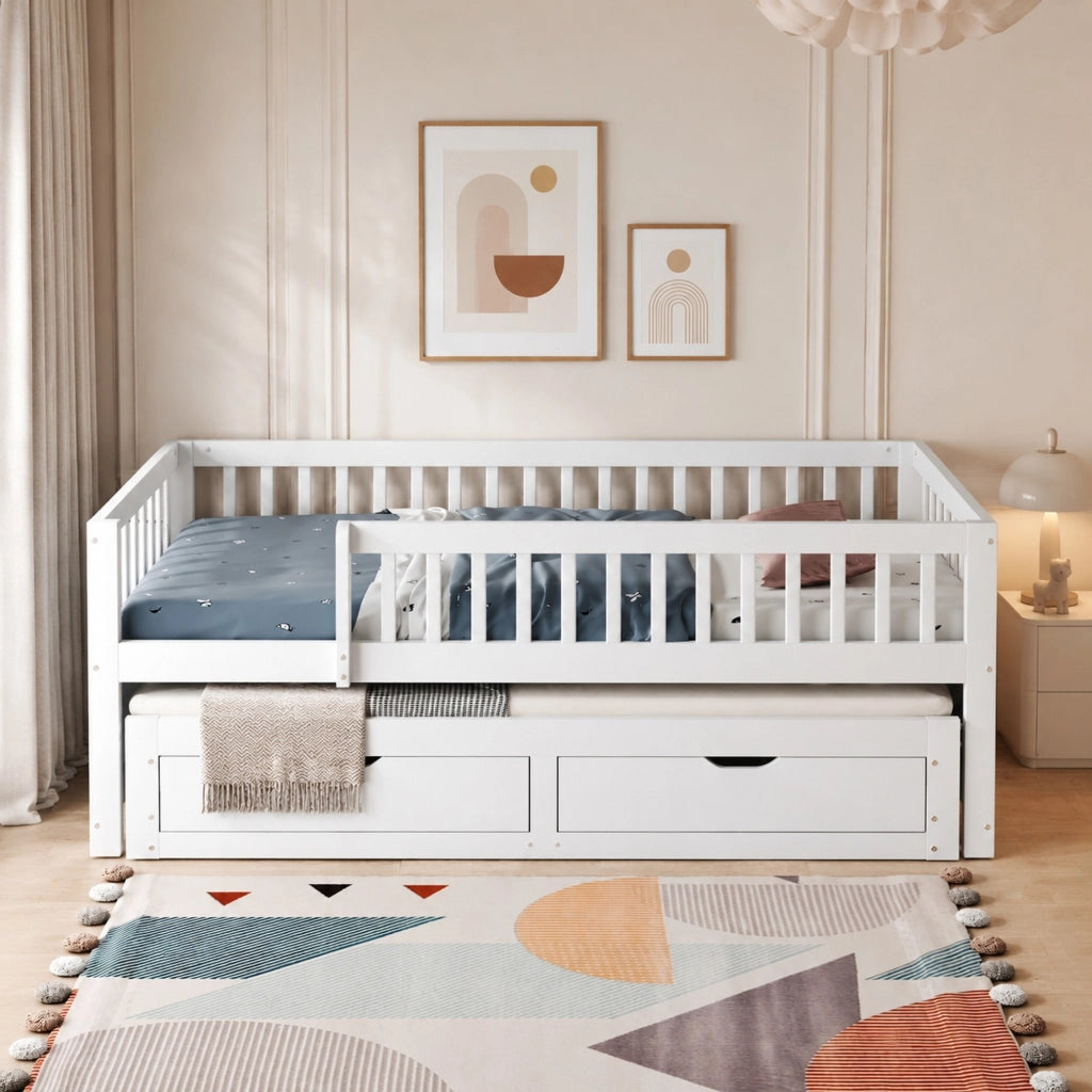 Divano letto multifunzionale con letto estraibile; 2 cassetti e sponde di sicurezza; 90x200 cm; bianco