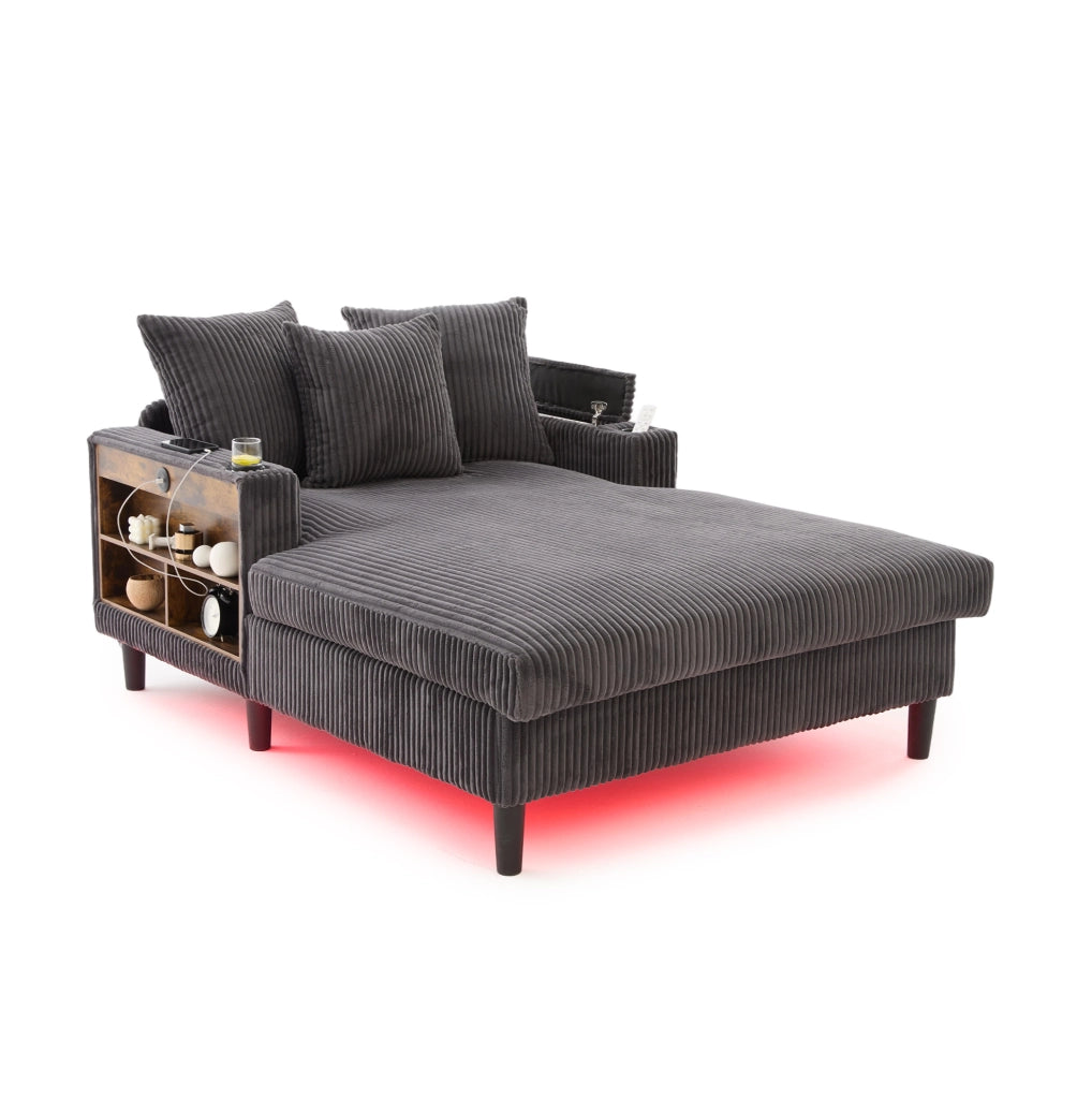 Chaise longue in velluto a coste grigio scuro con LED e USB