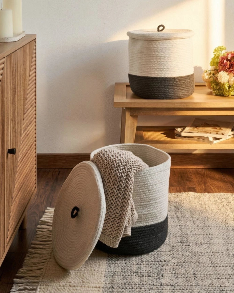 Set di 2 cesti in cotone grigio e bianco con coperchio, accessori in stile boho per la lavanderia