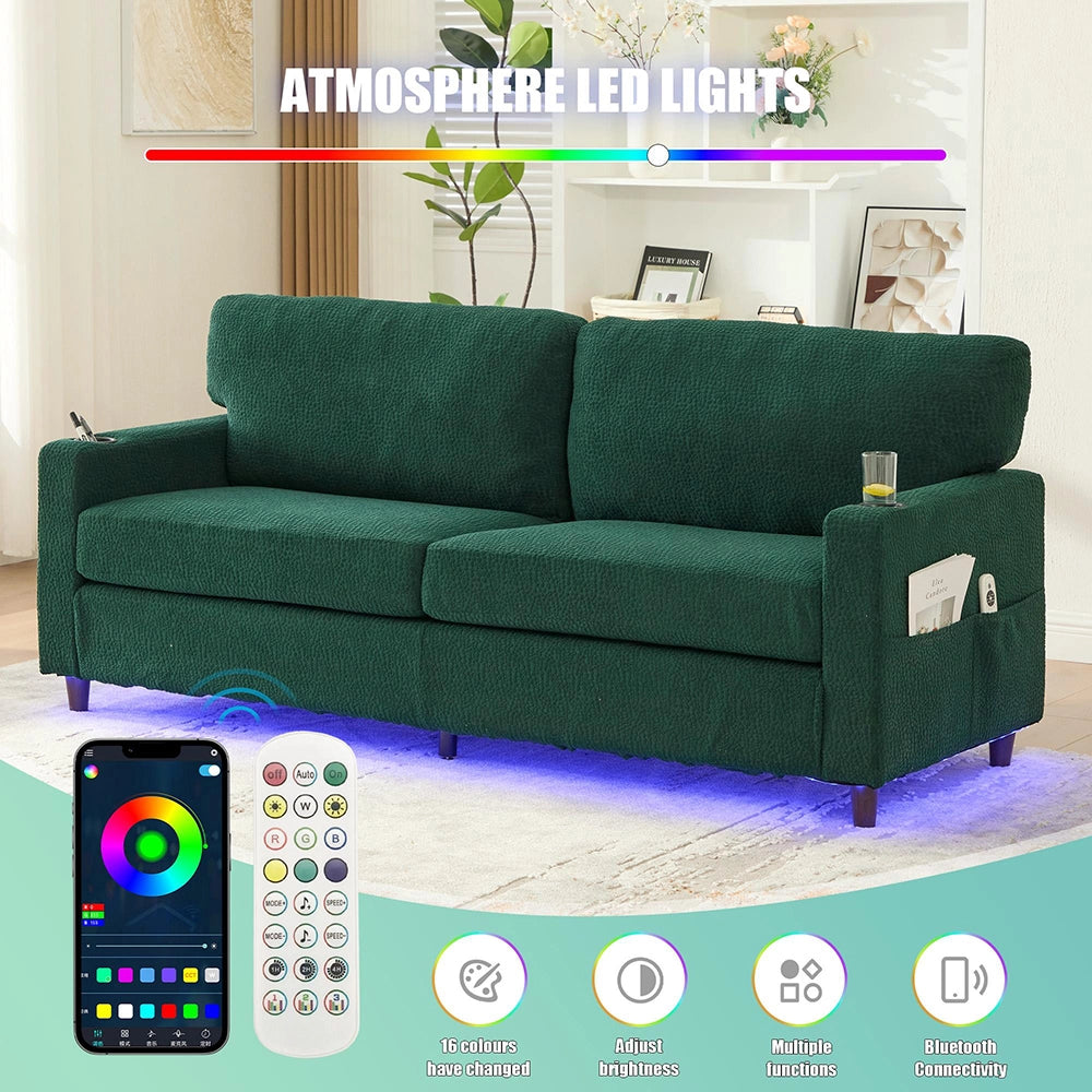 Divano 2 posti - Xylo - Chenille, LED, USB-C, porta bicchieri, verde smeraldo