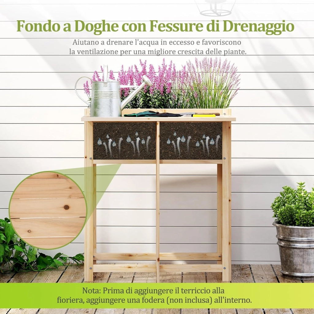 Letto da Giardino Rialzato, Orto Rialzato in Legno con Gampe, Tavolino Laterale Pieghevole e Drenaggio, Fioriera da Esterno per Fiori, Verdure e Frutta, 63 x 67 x 74 cm