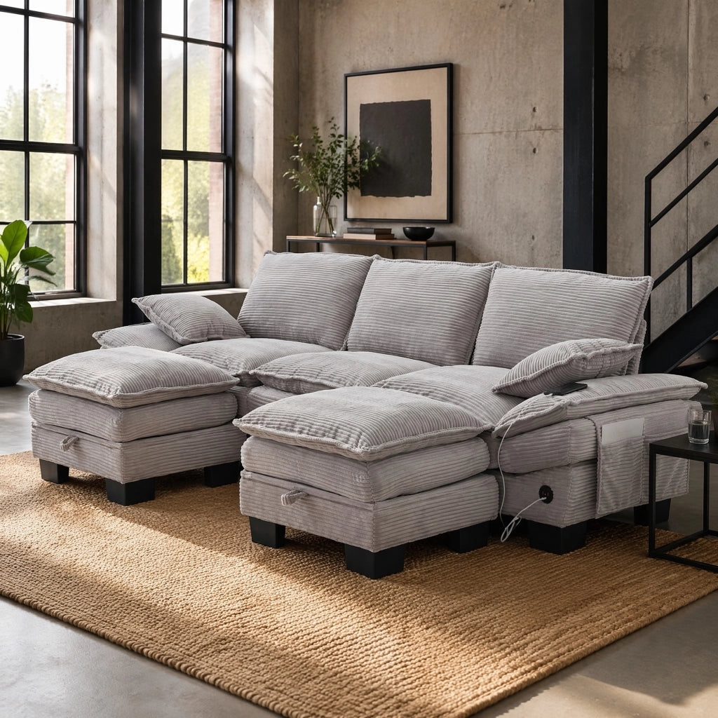Divano Dritto Modulare a 3 Posti con USB-C, Tasche laterali e Pouf, in Corduroy, Grigio Chiaro