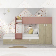Cameretta con letto a castello con cassettoni e armadio colore rovere e rosa antico