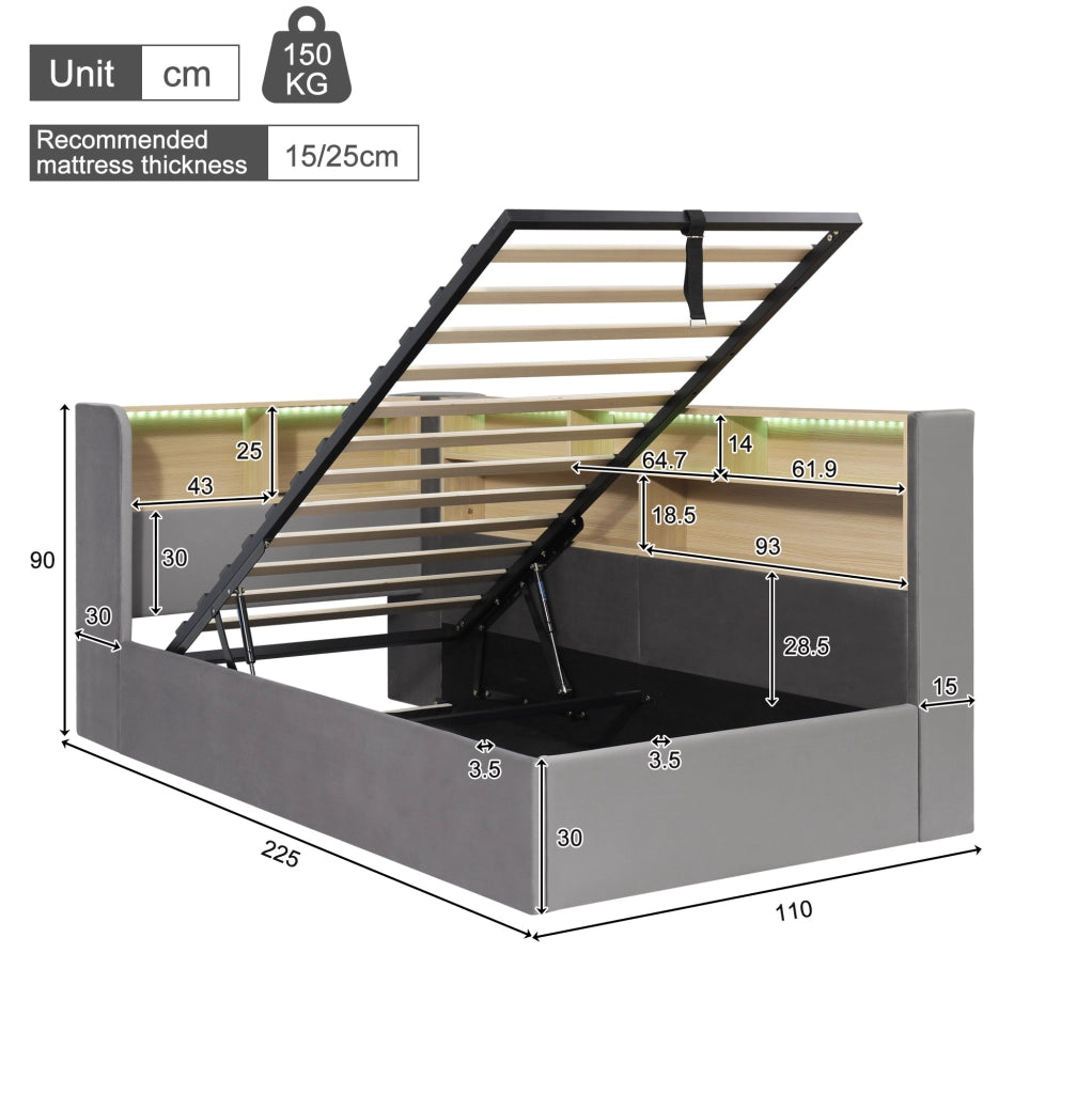 Letto daybed 90x200 cm con contenitore idraulico; LED e porte USB in velluto grigio