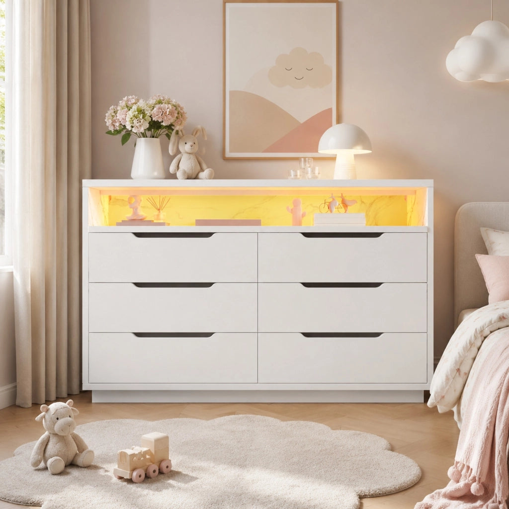 Credenza bianca a 6 cassetti con LED e vano effetto marmo