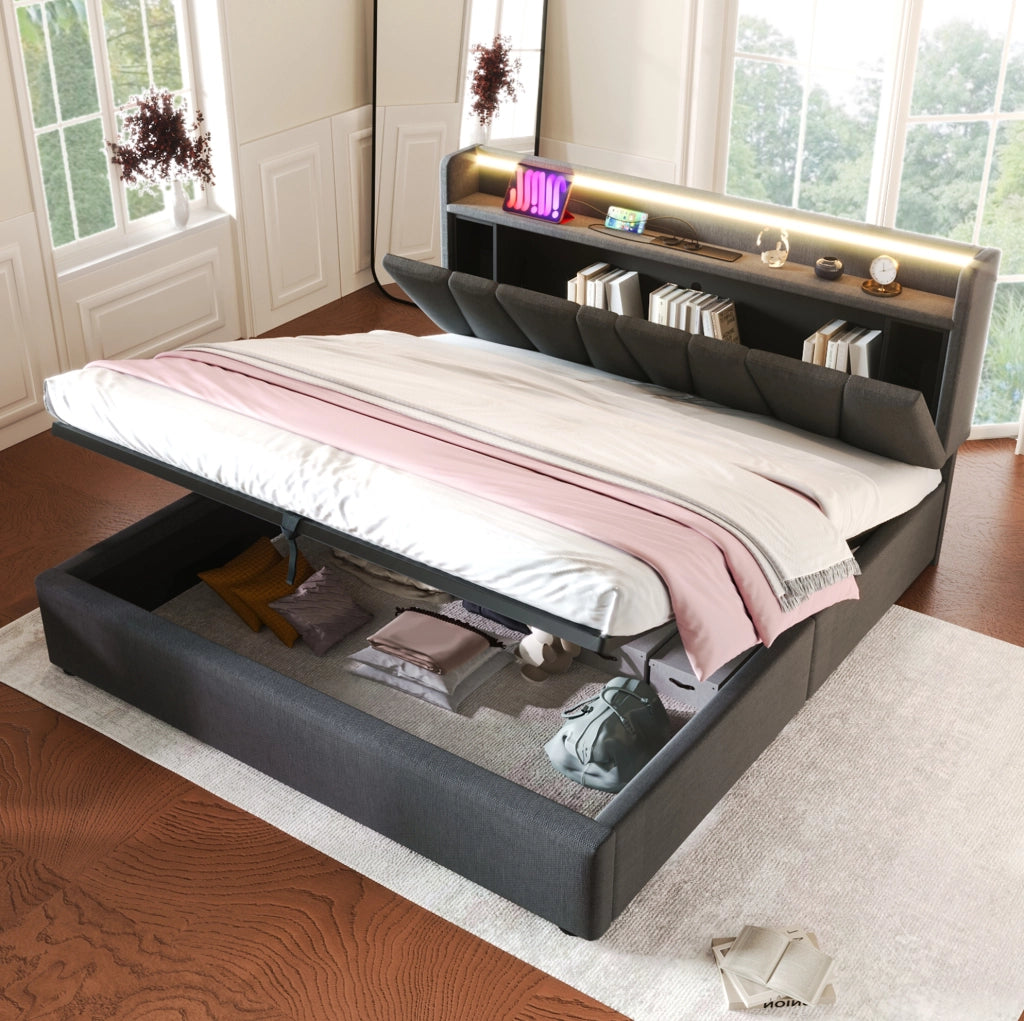 Letto matrimoniale 140x200 grigio con LED, USB e materasso