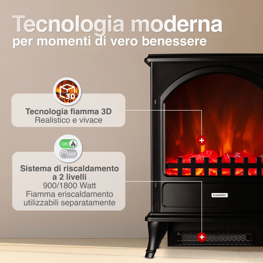 KAMINIO Camino elettrico LENI - Stufa elettrica con riscaldamento, effetto fiamma 3D - Nero