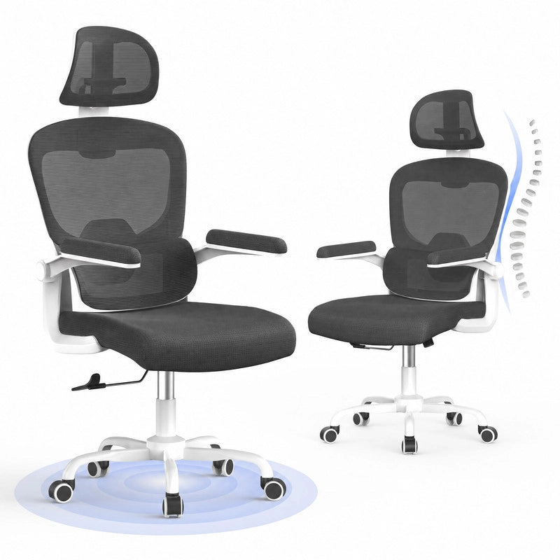 Sedia da ufficio ergonomica - Poltroncina HAMLODY - con braccioli pieghevoli a 90° - Supporto lombare - Regolabile in altezza Bianco
