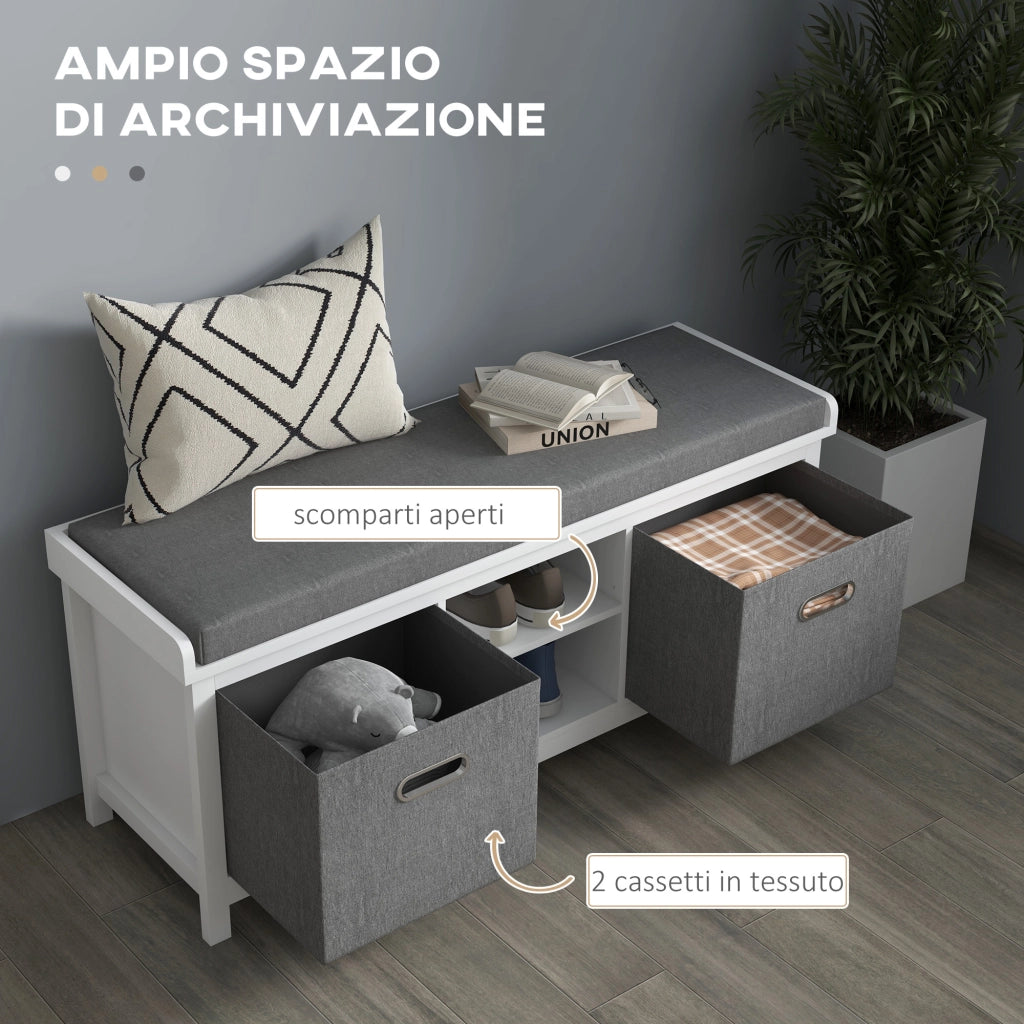 Panca Scarpiera con Ripiano Regolabile a 3 Livelli e 2 Cassetti, in Truciolato, 105x35x47 cm, Bianca e Grigia