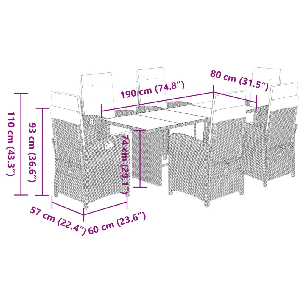 Set da Pranzo da Giardino 7 pz con Cuscini Beige in Polyrattan 3212496