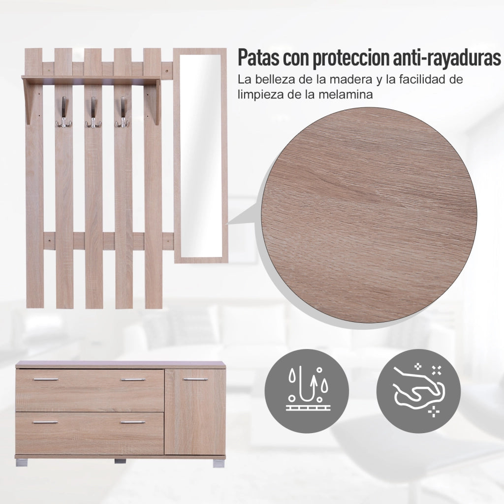Set Ingresso con Specchio Appendiabiti Scarpiera 3 Ganci Ripiani e 2 Cassetti ¨C Zephmum ¨C Rovere