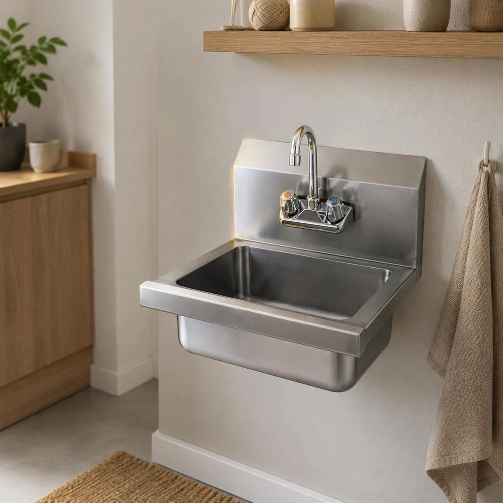 Commercial Stainless Steel Hand Sink With Faucet, Wall Mounted Small Basin For Restaurant Kitchen Bar Garage And Home