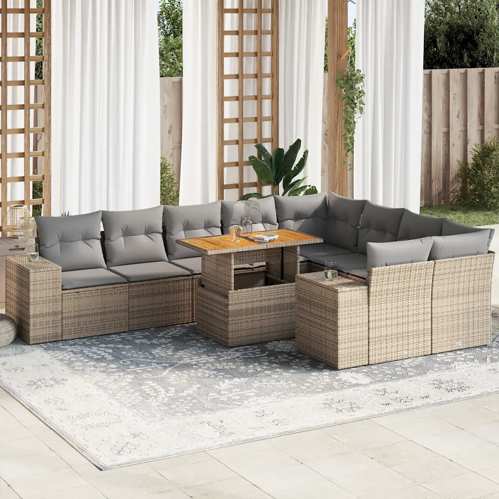 Divano da Giardino 10 pz con Cuscini Beige in Polyrattan Acacia