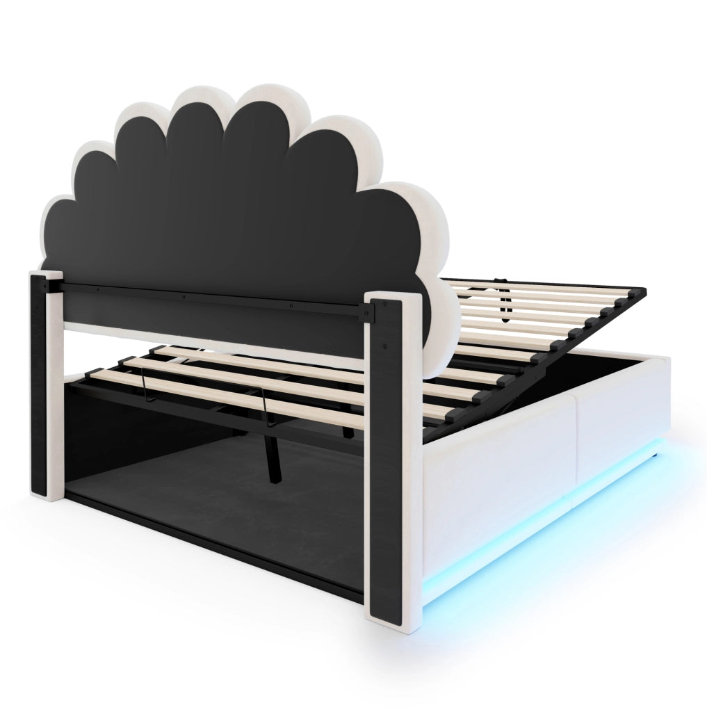 Letto imbottito 140x200 cm in velluto beige con LED e vano