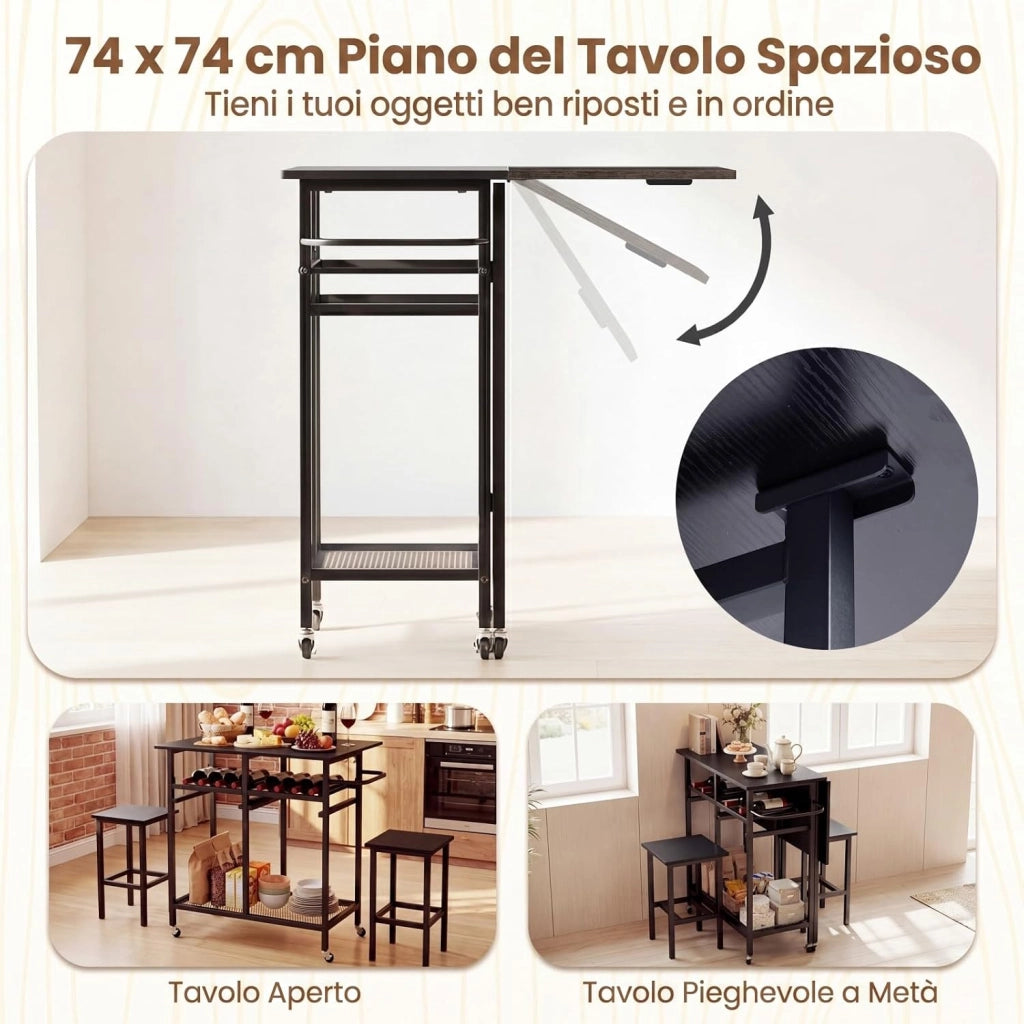 Set Tavolo da Pranzo Pieghevole 3 Pezzi, Tavolo Salvaspazio Estendibile con 2 Sgabelli con Ruote, Portabottiglie da 6 Posti, Ripiani e Maniglia Laterale per Cucina (Nero,Modello 2)