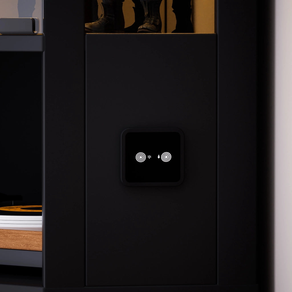 Vetrina in vetro a 5 ripiani con illuminazione LED e sensore di movimento, struttura nera in MDF e vetro
